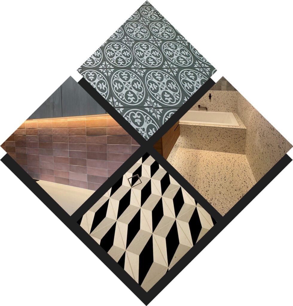 A diamond-shaped collage showcasing four different interior tiling styles of MDR Tiling